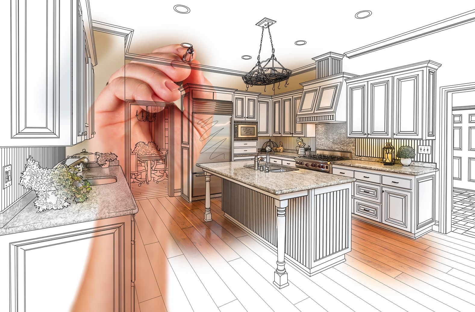 Hand-drawn luxury kitchen design with gradation revealing completed photograph